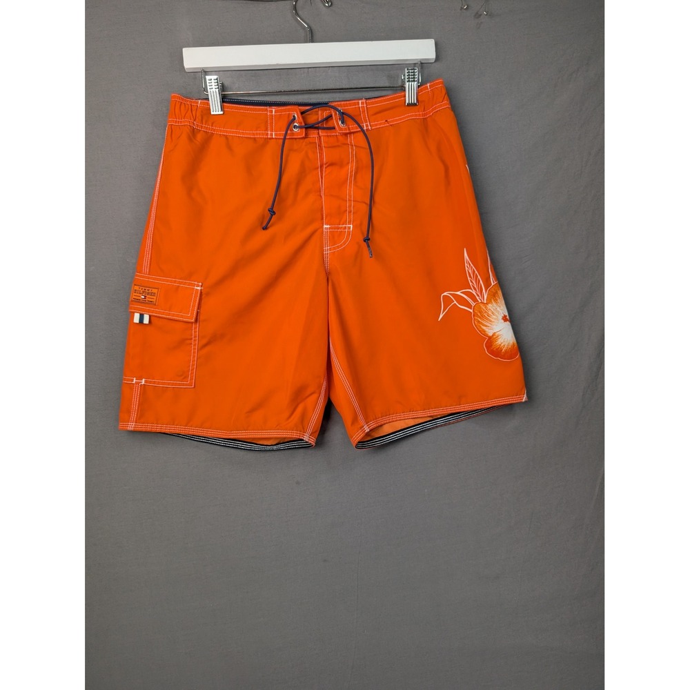Tommy Hilfiger Mens Orange Hibiscus Floral Board Shorts Swim Trunks Small